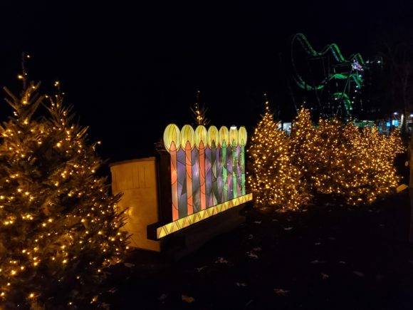 Lighted menorah luminary at Six Flags Great Adventure drive thru Christmas lights