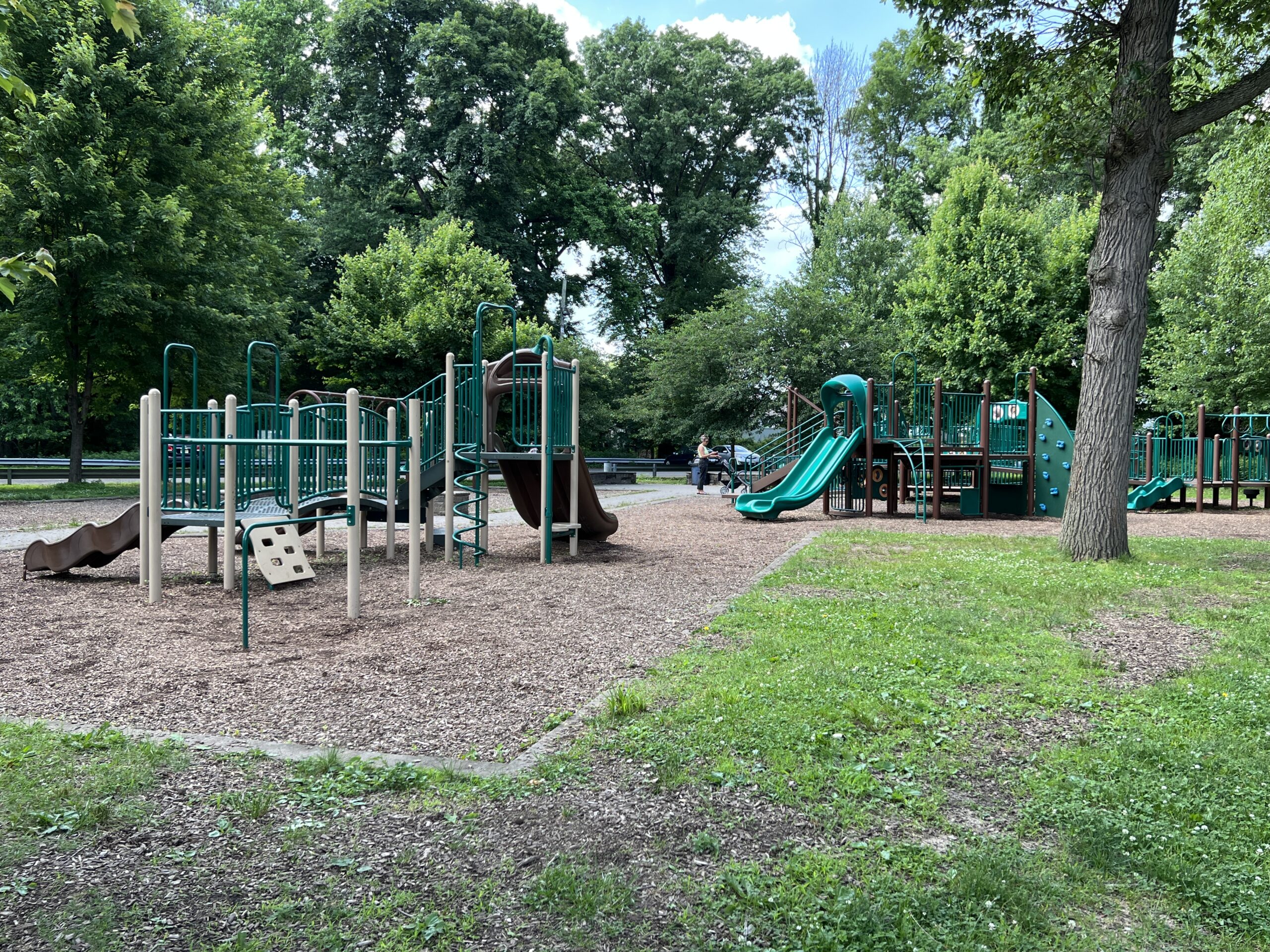 Saddle River County Park Playground in Rochelle Park NJ - WIDE view - both playgrounds back view